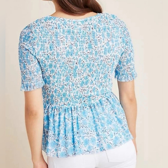 Maeve Anthropologie - Blue Floral Print Ashton Smocked Peplum Short Sleeve Top - Picture 2 of 10